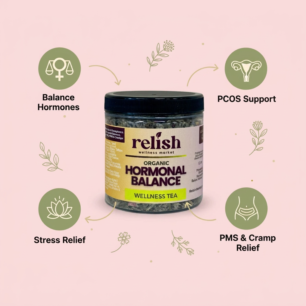 A jar of Relish Wellness Market Organic Hormonal Balance Wellness Tea is centered on a blush pink background, surrounded by four olive-green circular icons with white line drawings and text reading 'Balance Hormones,' 'PCOS Support,' 'Stress Relief,' and 'PMS & Cramp Relief,' connected by curved arrows.