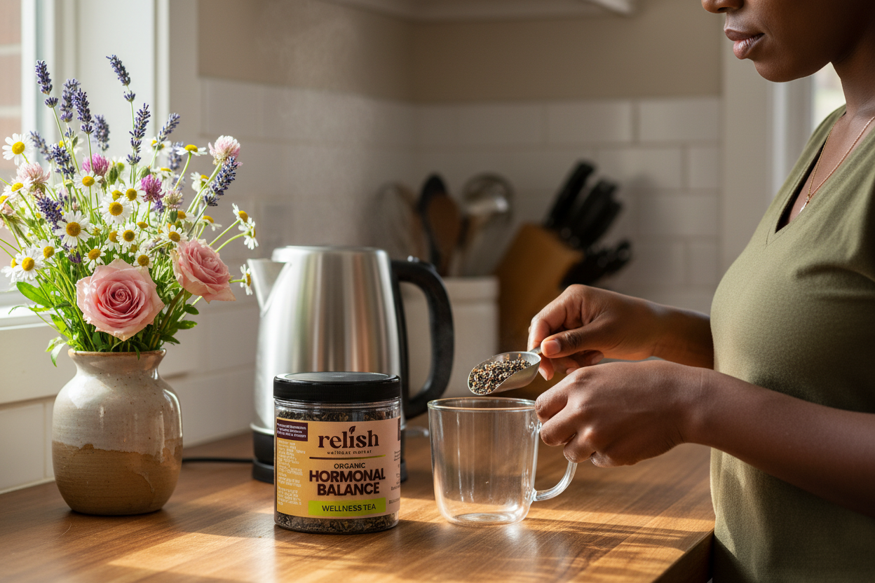 A person in a kitchen prepares tea from a jar labeled 'relish Hormonal Balance' while pouring it into a clear glass mug. A vase of flowers and a stainless steel kettle sit on the counter nearby.