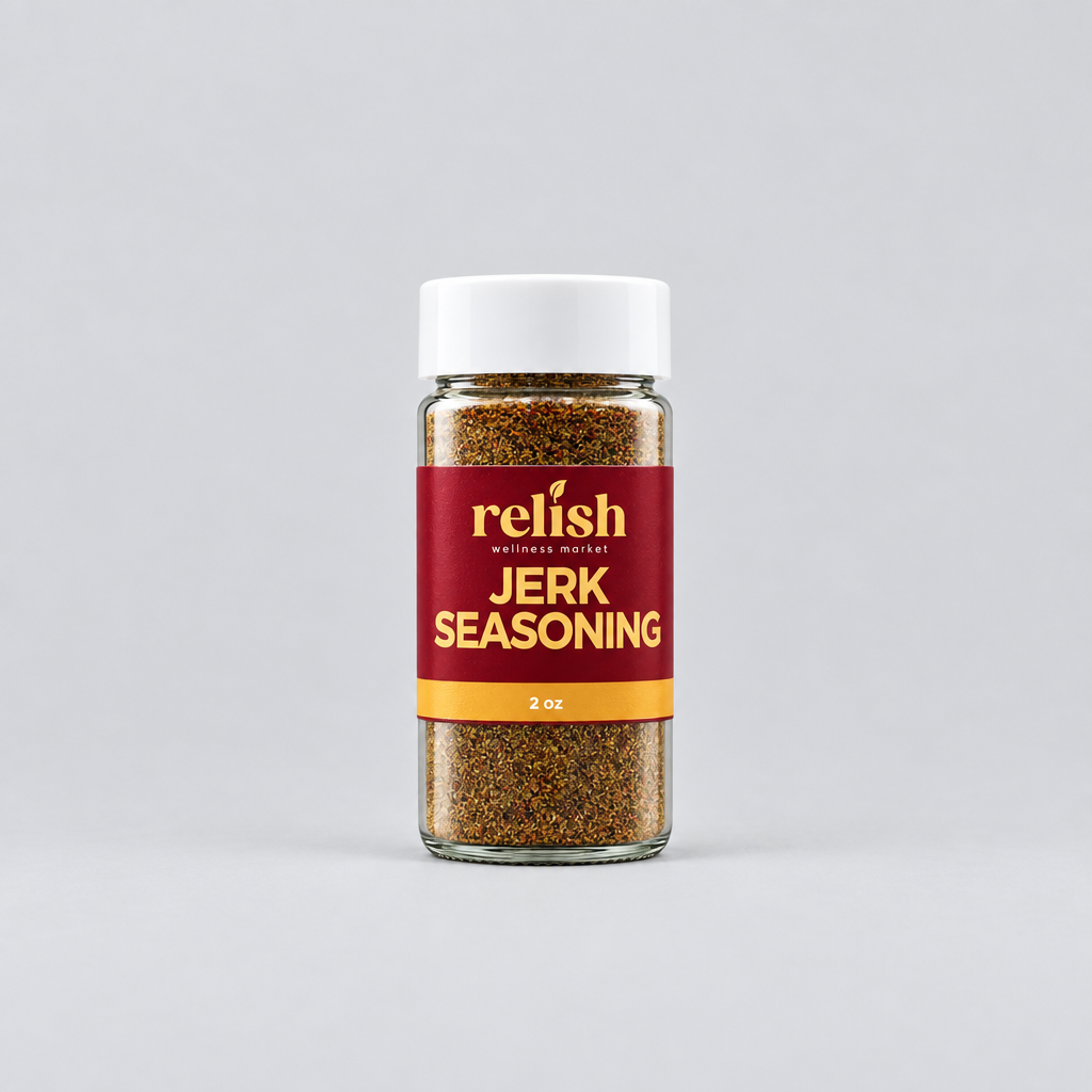 A glass jar of Jerk Seasoning Blend by Relish Market on a light gray background