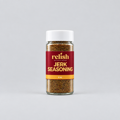 A glass jar of Jerk Seasoning Blend by Relish Market on a light gray background