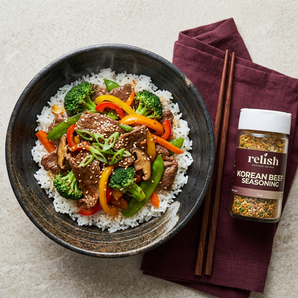 Lay-flat view of Korean Beef Seasoning by Relish Market next to a bowl of rice and stir fried vegetables and beef.