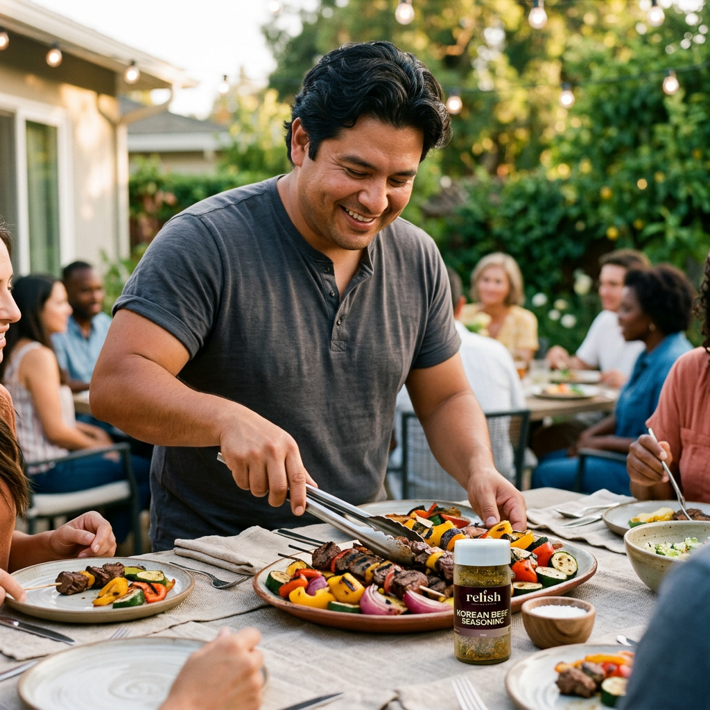 A man outside serving kabobs to a dinner party using Korean Beef Seasoning by Relish Market.