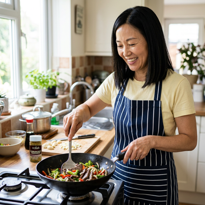 A woman with black hair wearing a yellow t-shirt and a navy blue and white striped apron is cooking in a kitchen, stirring a pan of vegetables and meat. A bottle of Korean Beef Seasoning is visible on the counter next to her.