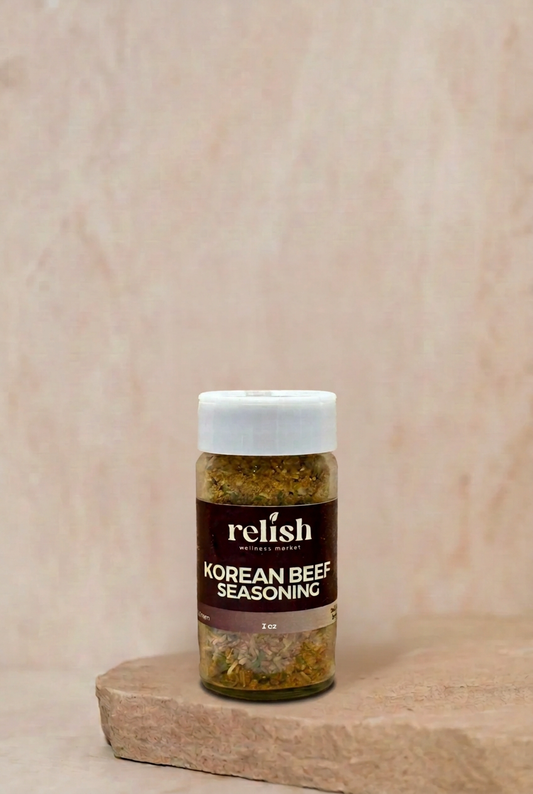 Korean Beef Seasoning by Relish Market on a stone slab and neutral background.