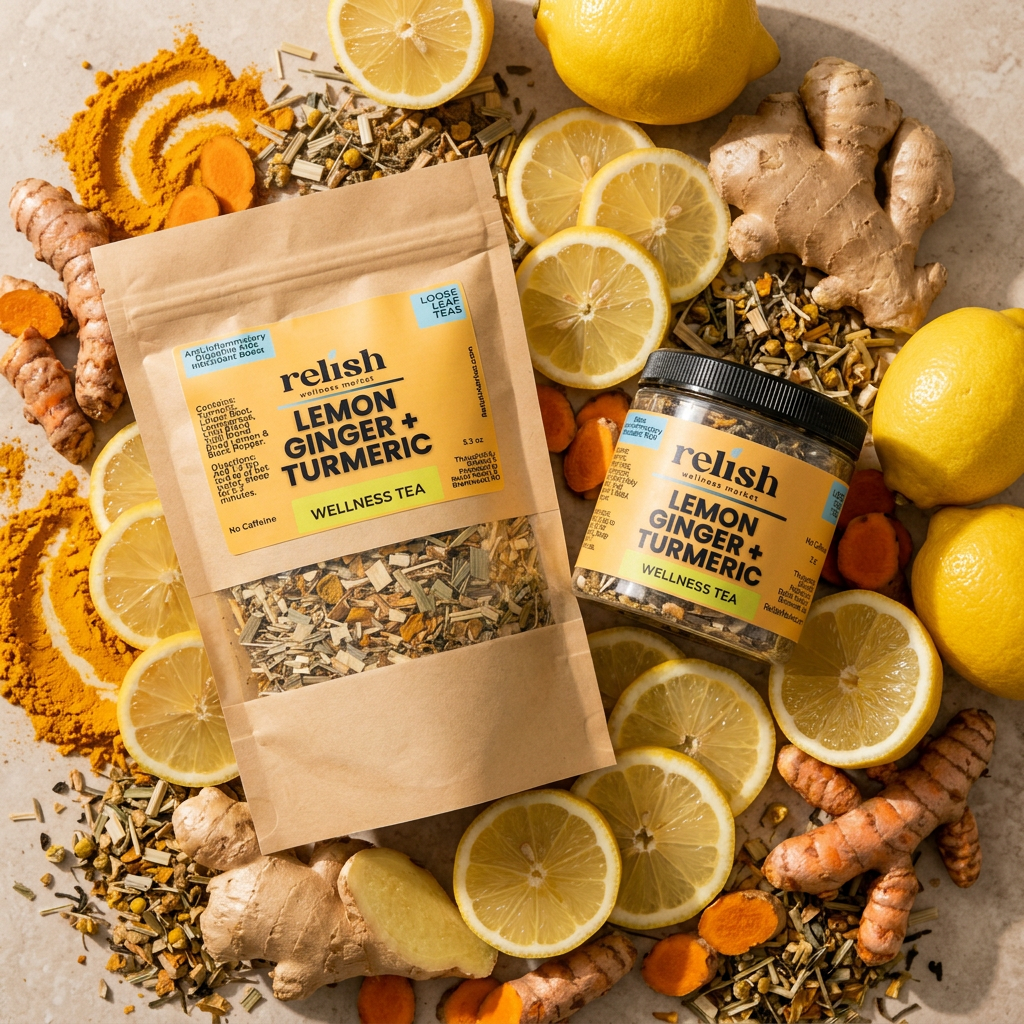 Lemon Ginger Turmeric Tea Blend by Relish Market bag and jar on ingredient bed