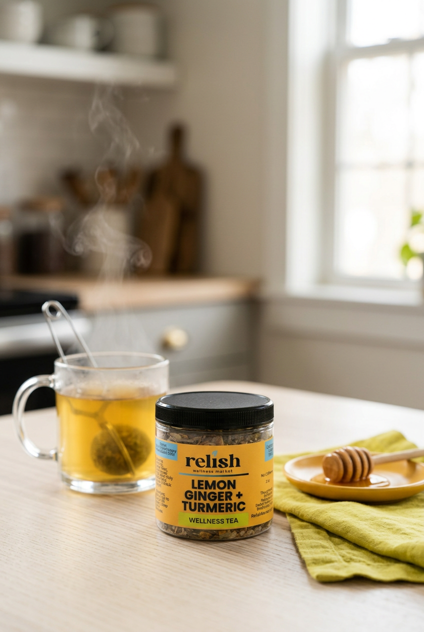 Lemon Ginger Turmeric Tea Blend by Relish Market jar breakfast nook scene