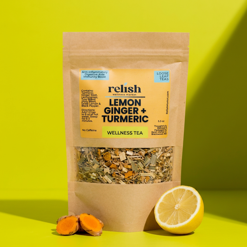 Lemon Ginger Turmeric Tea Blend by Relish Market Kraft bag bold hero close-up on lime green background.
