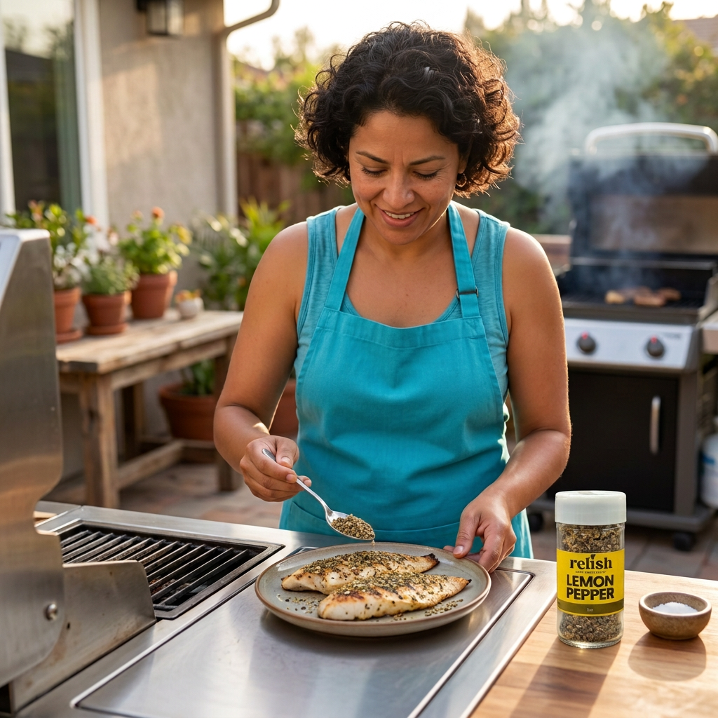 A woman on the deck grilling fish using Lemon Pepper seasoning by Relish Market.