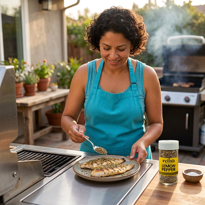 A woman on the deck grilling fish using Lemon Pepper seasoning by Relish Market.