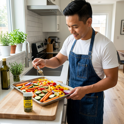 Man in a kitchen seasoning vegetables with Lemon Pepper Seasoning by Relish Market.