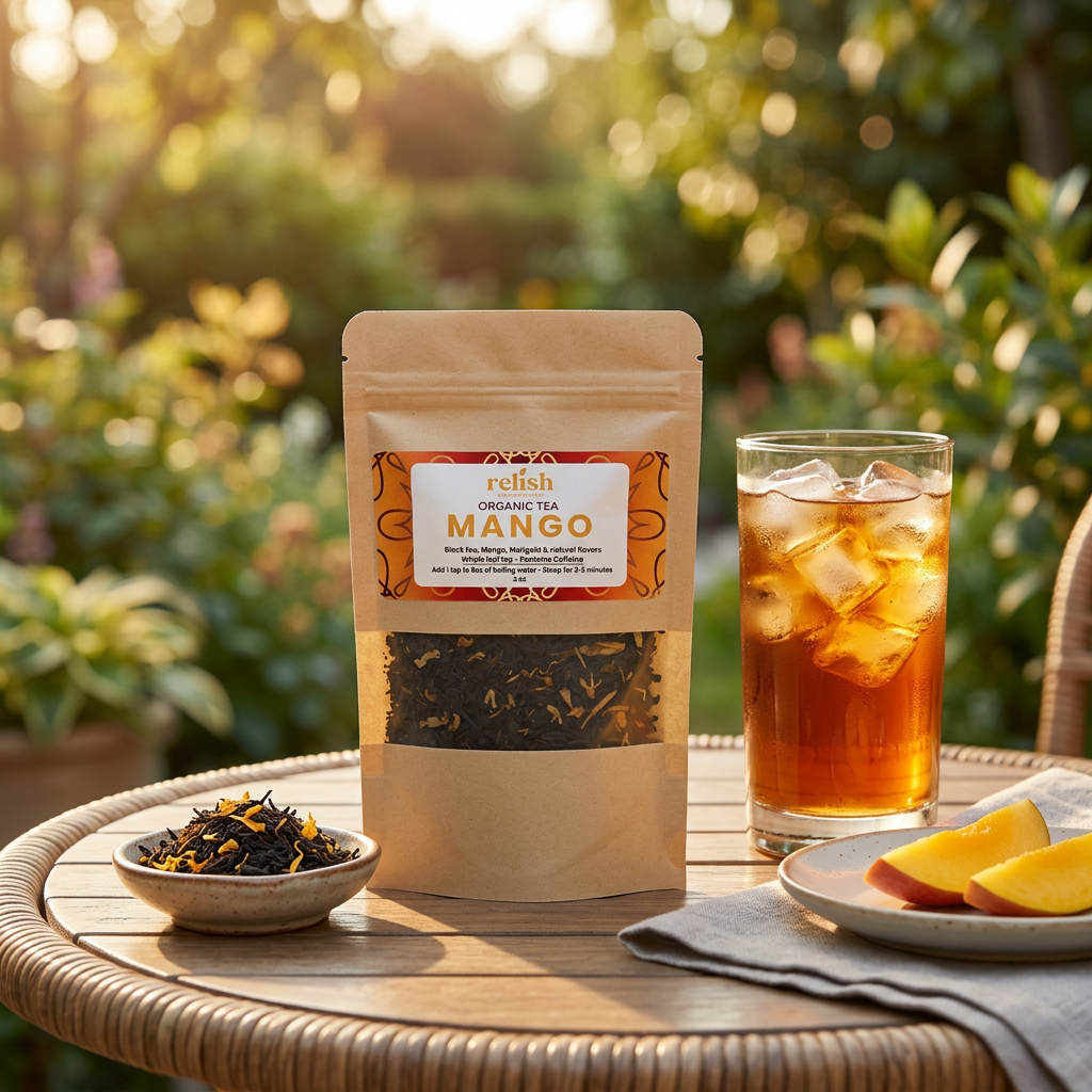 Mango Tea Blend iced tea by Relish Market tea pouch on a sunny patio table