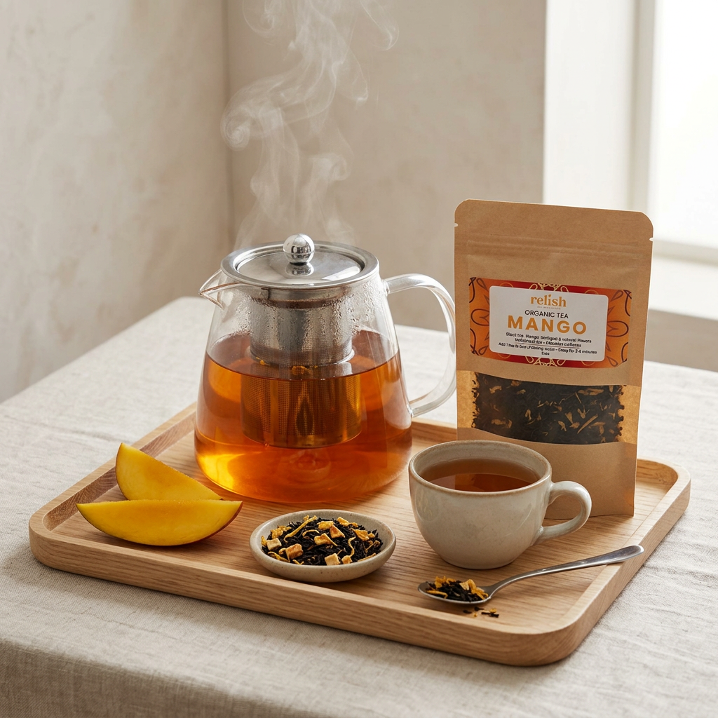 Mango loose leaf tea steeping in a glass teapot beside a cup