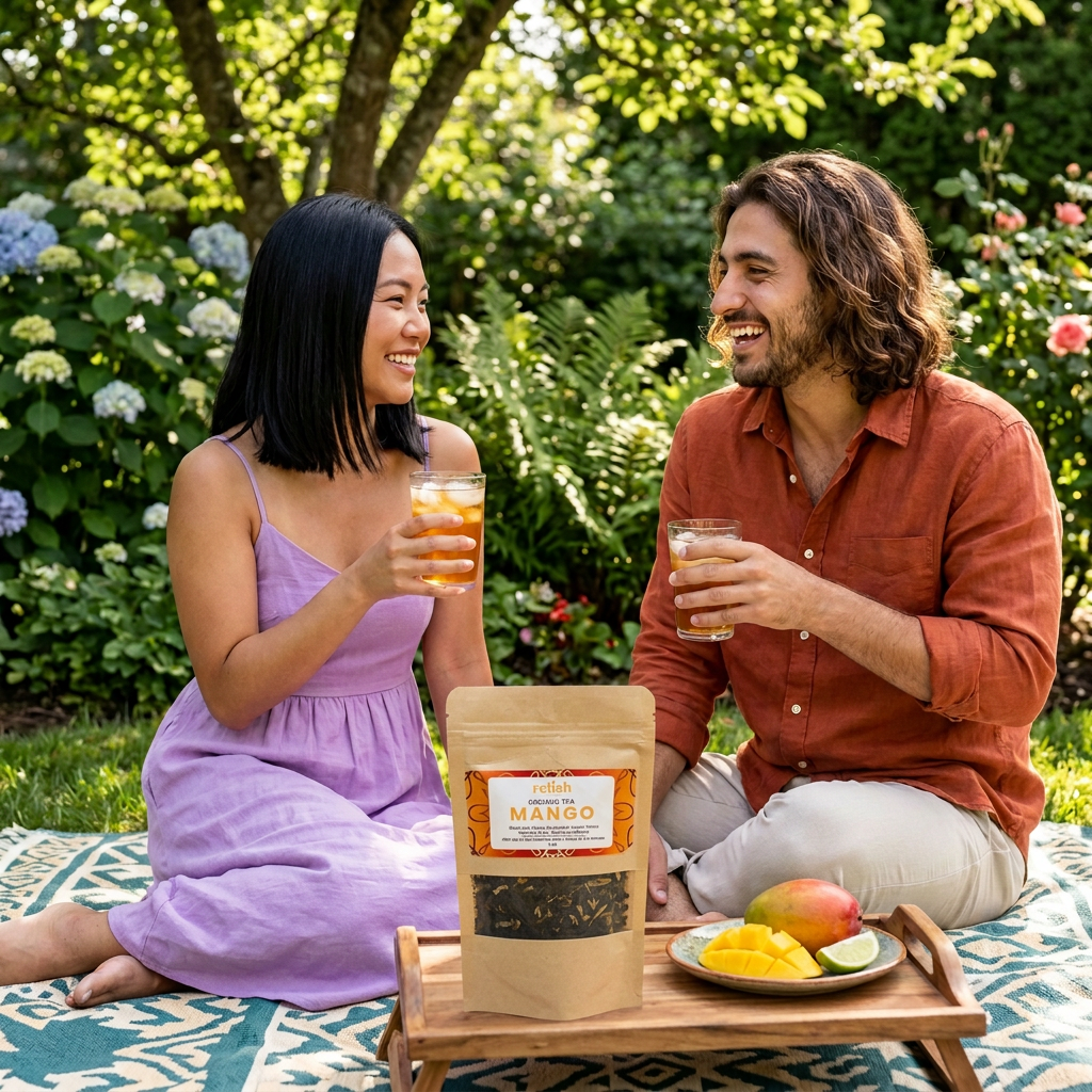 A couple enjoying a glass of Mango iced tea outside in a picnic setting.