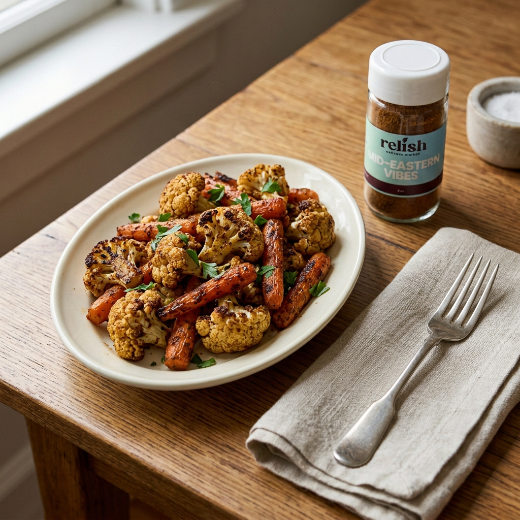 A jar of Mid-Eastern Vibes Spice Blend by Relish Market next to a plate of roasted cauliflower and carrots,.