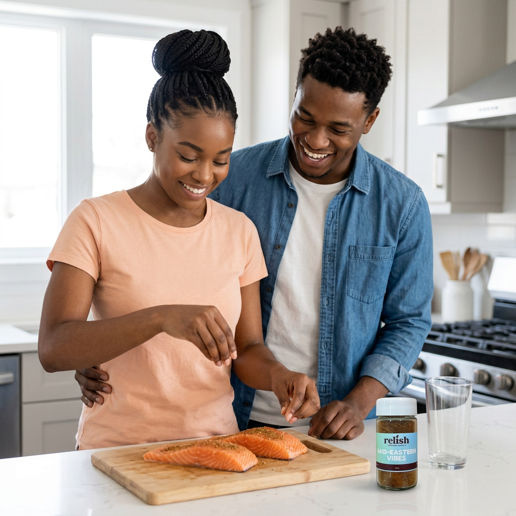 2 people in a brightly lit kitchen, making salmon using Mid-Eastern Vibes Spice Blend by Relish Market.