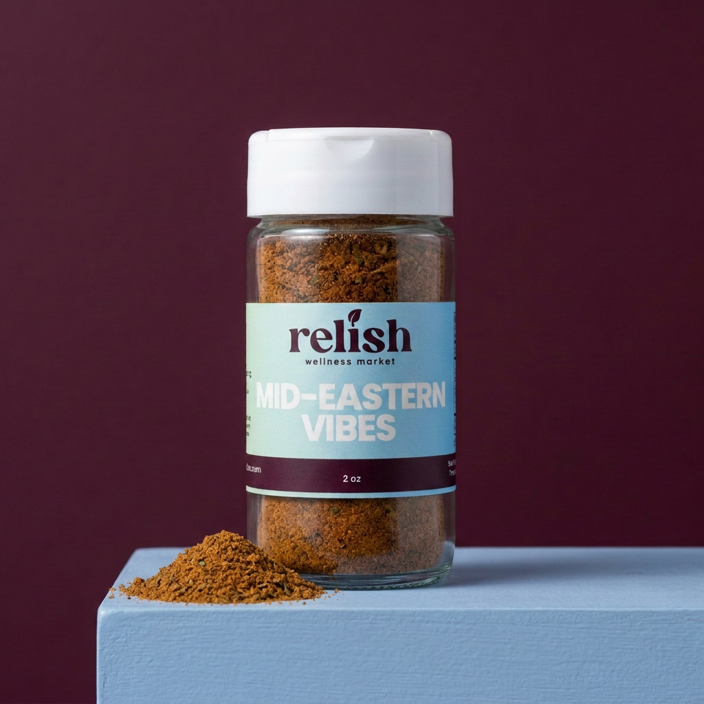 Mid-Eastern Vibes Spice Blend by Relish Market with a small spice mound, on a colorful blue and plum background