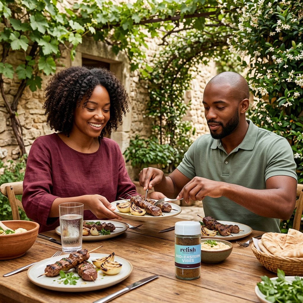 A man and woman at a table in a courtyard enjoying lamb-kebab with a jar of Mid-Eastern Vibes Spice Blend by Relish Market.