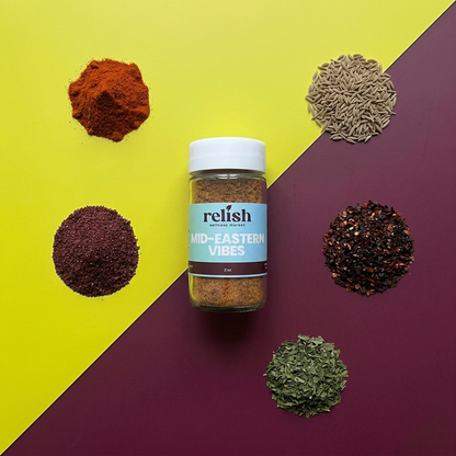 A jar of Mid-Eastern Vibes Spice Blend by Relish Market with small mounds of ingredients next to it. All on a bright yellow and plum background