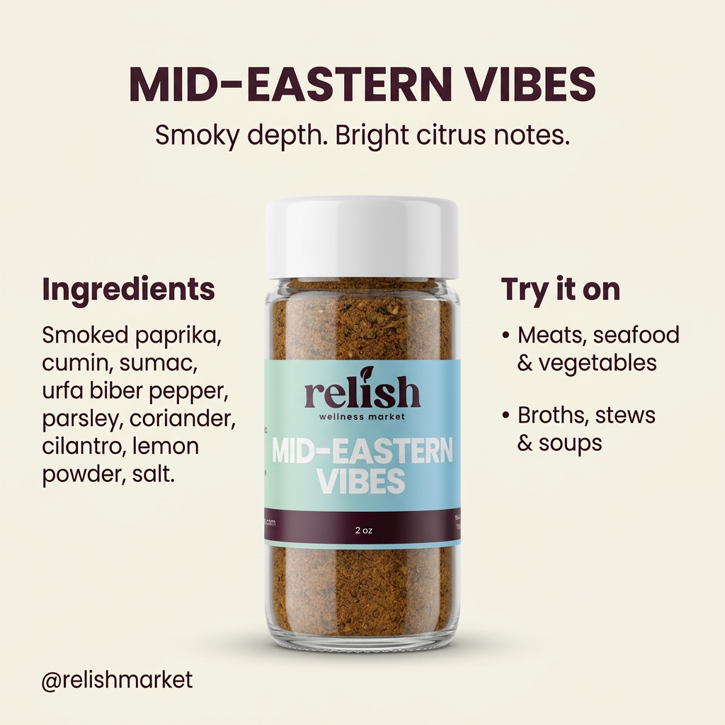 Mid-Eastern Vibes Spice Blend infographic showing ingredients and usage.