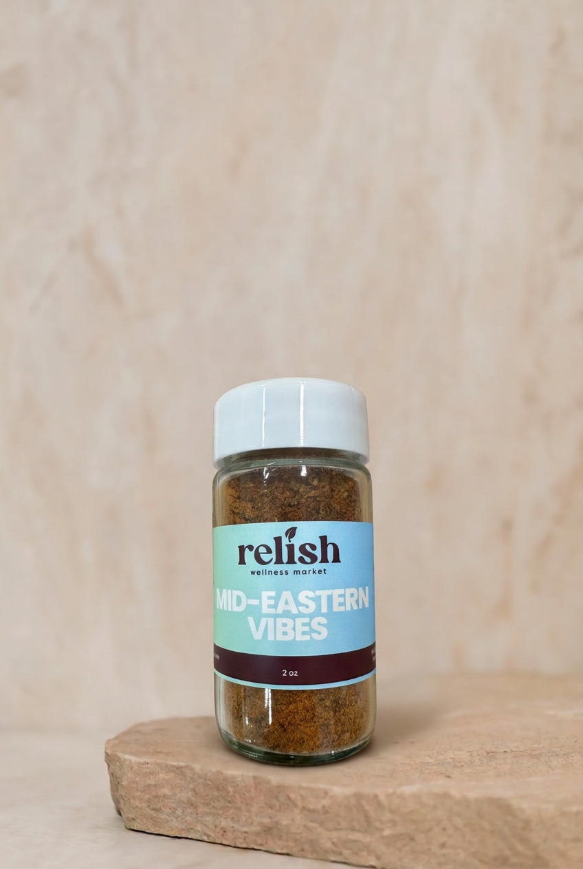 Mid-Eastern Vibes Spice Blend by Relish Market on a stone slab and neutral background.