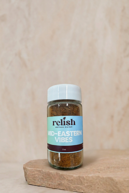 Mid-Eastern Vibes Spice Blend by Relish Market on a stone slab and neutral background.