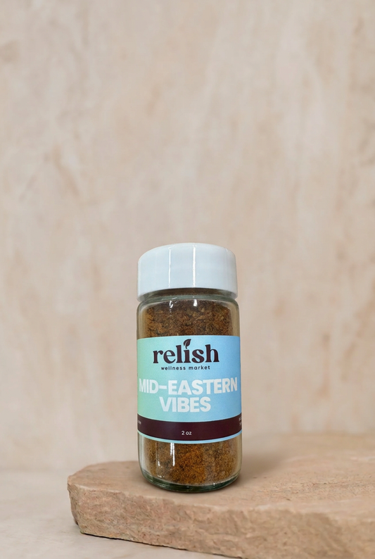 Mid-Eastern Vibes Spice Blend by Relish Market on a stone slab and neutral background.