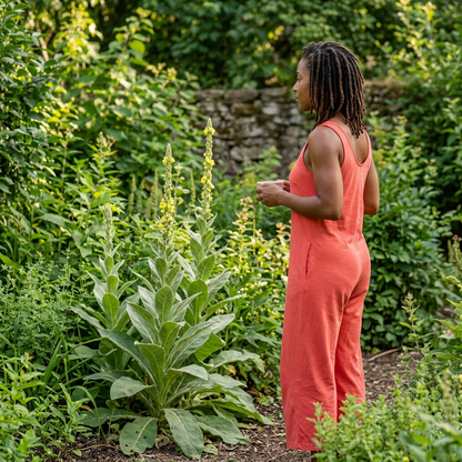 Woman enjoying tea beside live growing mullein leaf