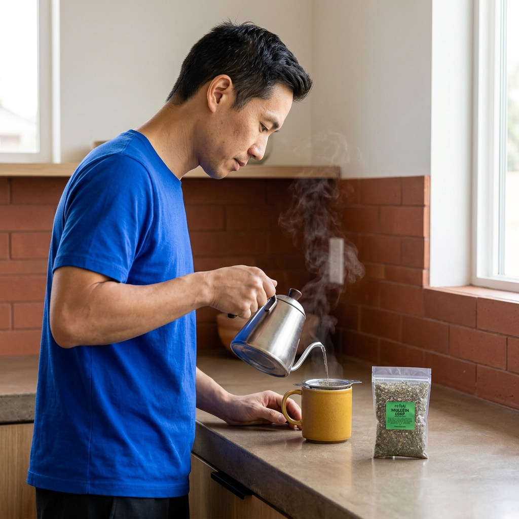 Man in kitchen preparing a cup of  Mullein Leaf tea by Relish Market.