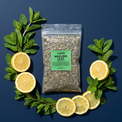  Mullein Leaf by Relish Market on a bed of  fresh mint and lemon on a dark blue background.