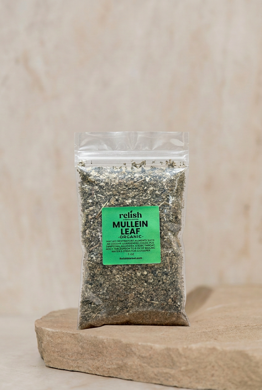 A clear resealable pouch of Relish Market Organic Mullein Leaf herbal supplement, featuring a bright green label, displayed on a rustic stone slab against a textured beige background. 