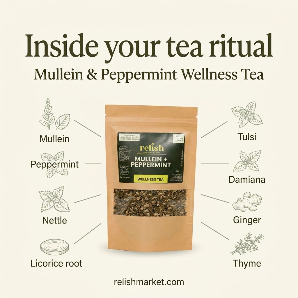 Minimalist Mullein and Peppermint tea infographic featuring nine ingredients