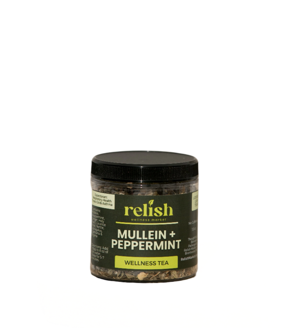 A small jar of Mullein and Peppermint Tea by Relish Market on a white background.