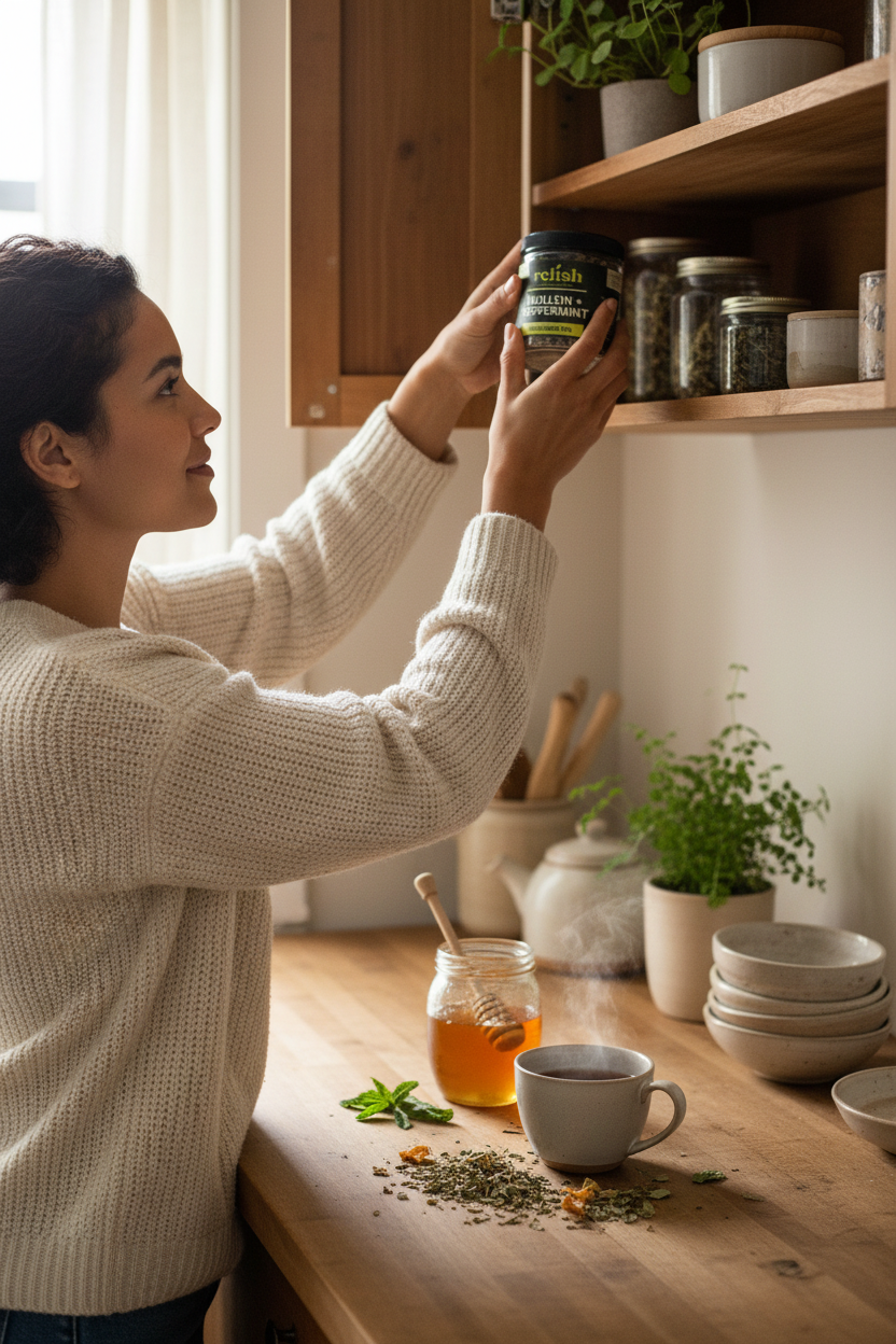 A woman in a cream knit sweater reaches up to place a jar of loose-leaf tea on a wooden shelf in a warm, rustic kitchen. The countertop below is styled with a mug, a glass of amber tea, loose tea leaves, and small potted plants.