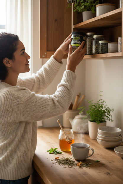 A woman in a cream knit sweater reaches up to place a jar of loose-leaf tea on a wooden shelf in a warm, rustic kitchen. The countertop below is styled with a mug, a glass of amber tea, loose tea leaves, and small potted plants.