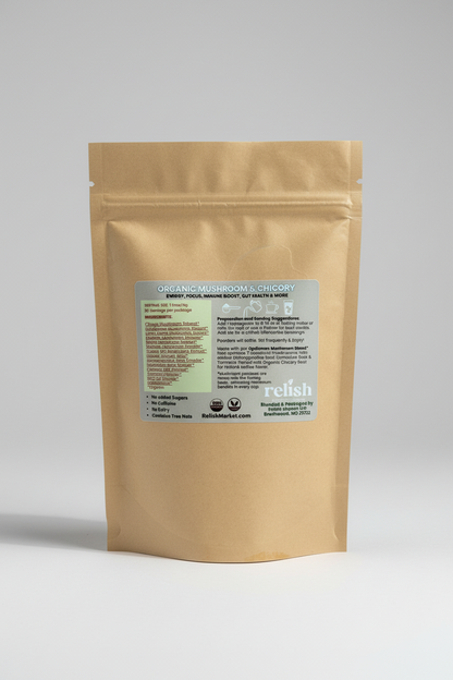 A stand-up kraft paper pouch with a resealable zipper and a large white and light green label on the front, photographed against a clean light gray studio background. The brand name 'relish' is visible on the label.