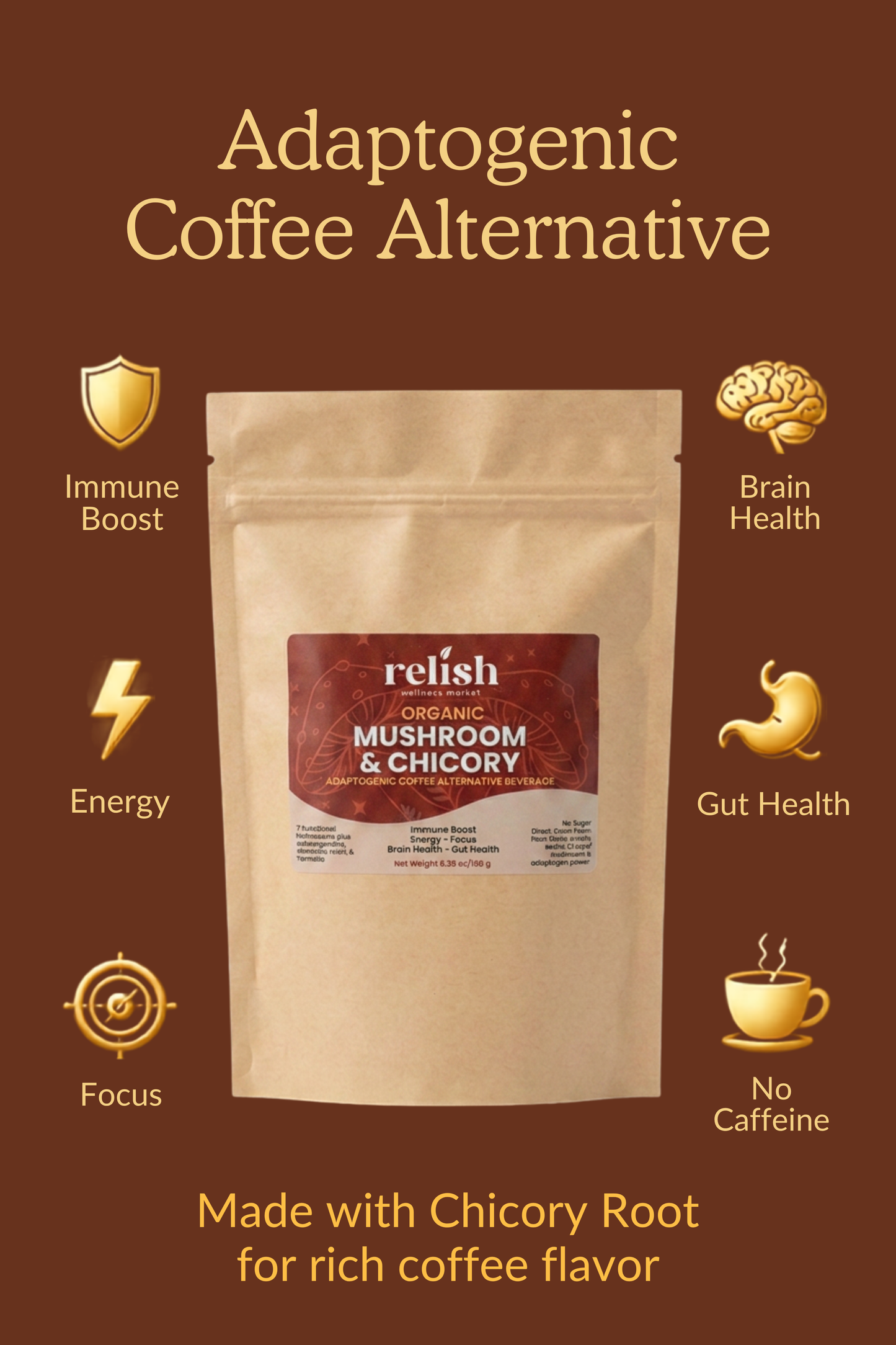 A kraft paper pouch labeled 'relish Organic Mushroom & Chicory' centered on a dark brown background with marketing text and icons for immune boost, energy, brain health, gut health, focus, and no caffeine.