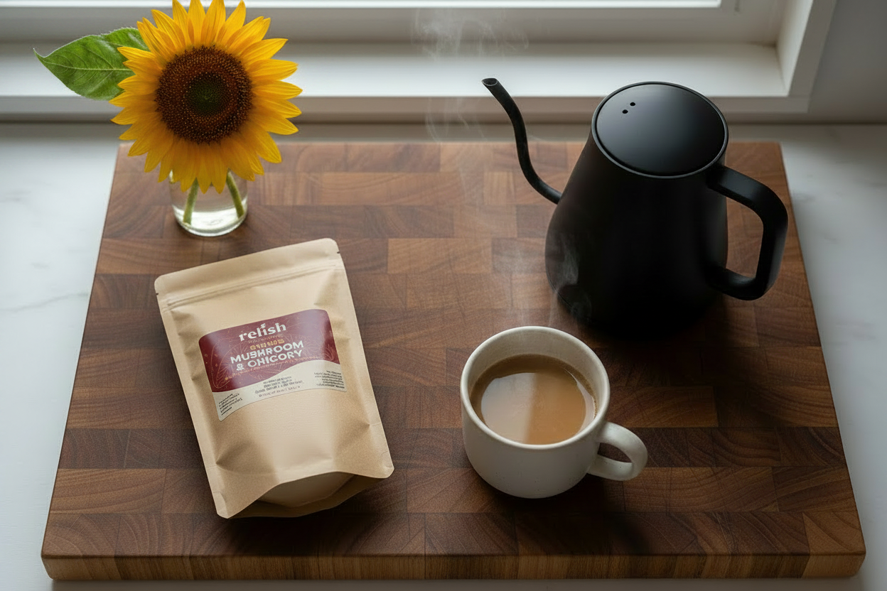 A coffee setup on a wooden cutting board by a window, featuring a bag of Refish Medium Roast Whole Bean Coffee, a white cup of coffee, a matte black gooseneck kettle, and a yellow sunflower in a glass vase.