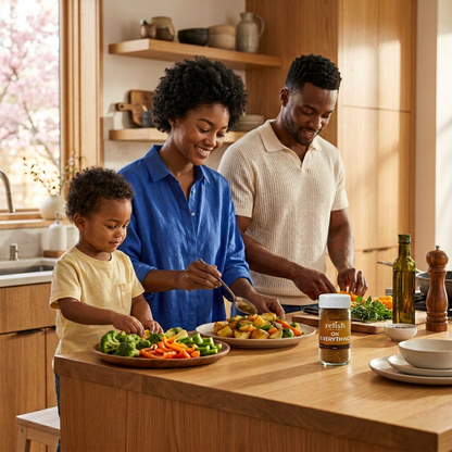 Family of 3 at the kitchen island preparing dinner with a bottle of On Everything Spice Blend by Relish Market.