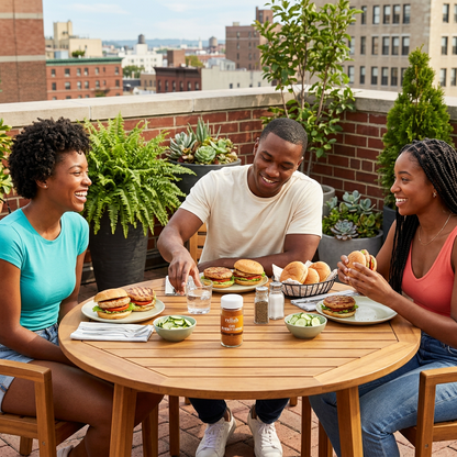 3 young people sitting at a wood table in rooftop lunch scene, with a bottle of On Everything Spice Blend by Relish Market sitting on the table.