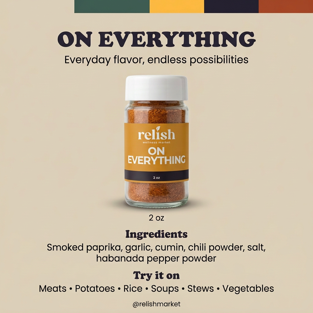 On Everything Spice Blend infographic showing ingredients and usage.