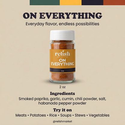 On Everything Spice Blend infographic showing ingredients and usage.