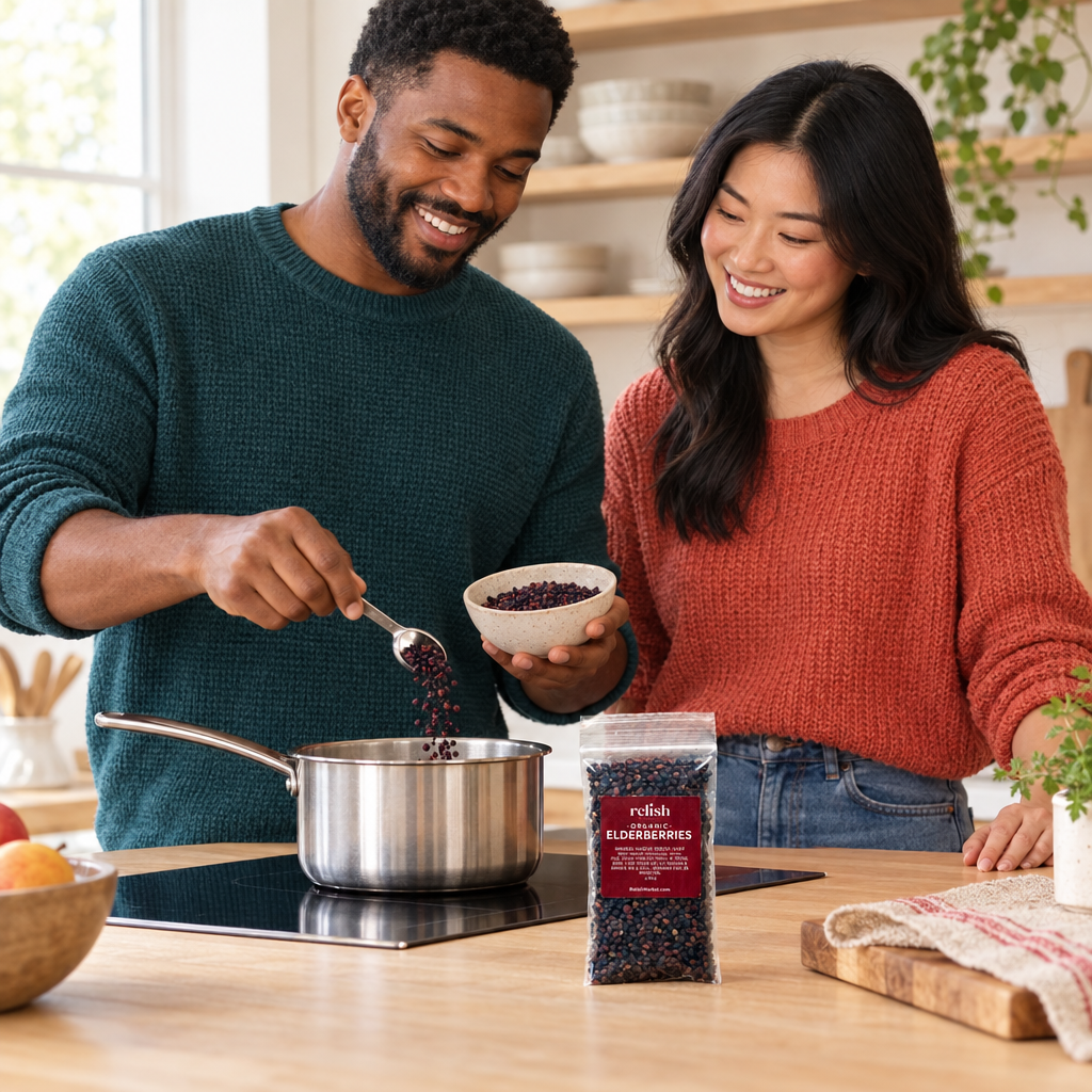 Two adults cooking with Relish Market dried elderberries in a warm kitchen