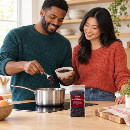 Two adults cooking with Relish Market dried elderberries in a warm kitchen