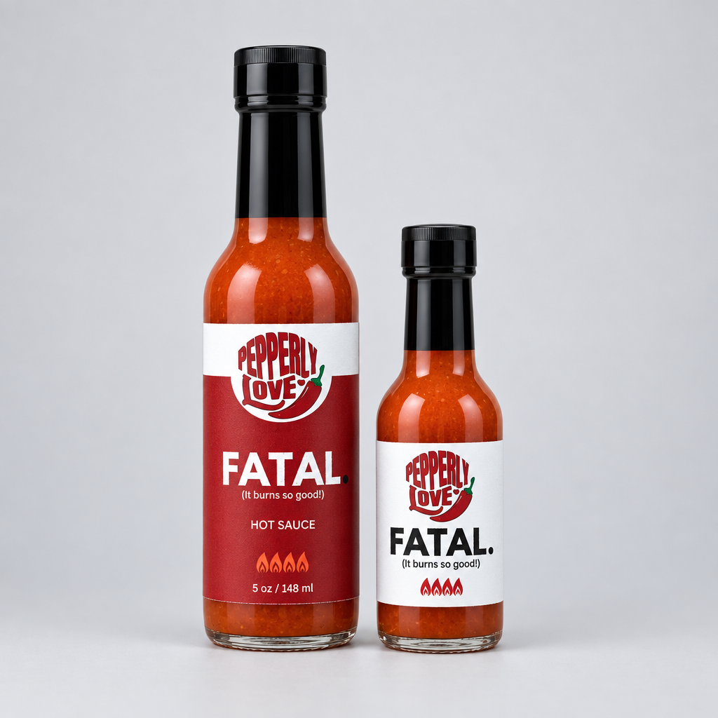 Fatal Hot Sauce by Pepperly Love large and small duo on a white background.
