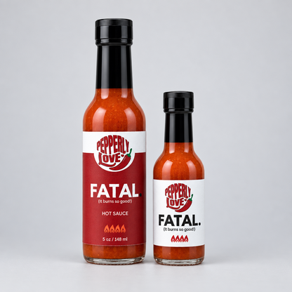 Fatal Hot Sauce by Pepperly Love large and small duo on a white background.