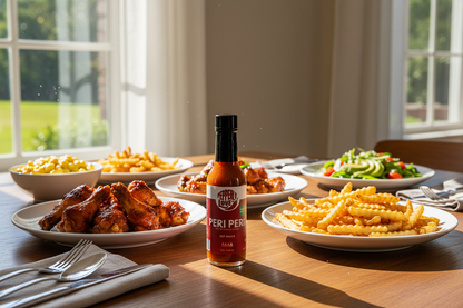 Peri Peri sauce bottle on a dining room table with plates of food