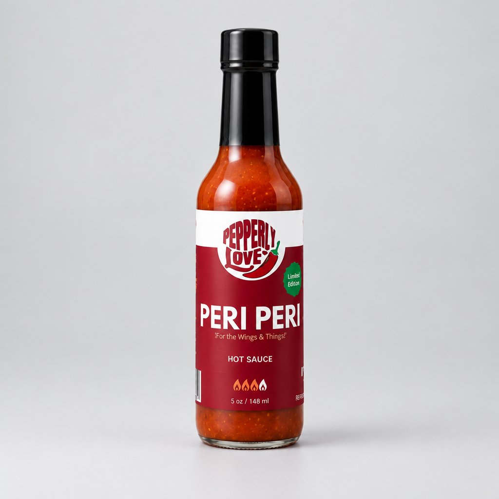A 5 oz glass bottle of Pepperly Love Peri Peri Hot Sauce, featuring a red and white label with a black cap, set against a neutral light gray background.