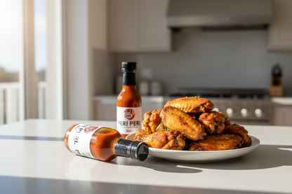 Two bottles of Peri Peri sauce on kitchen counter next to a plate of wings