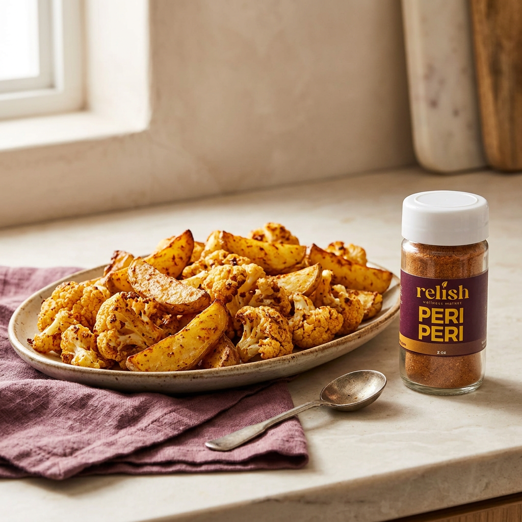 A plate of roasted cauliflower and potato wedges sits on a kitchen counter beside a jar of Relish Market Peri Peri seasoning, with a spoon and a purple cloth napkin nearby.