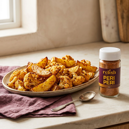 A plate of roasted cauliflower and potato wedges sits on a kitchen counter beside a jar of Relish Market Peri Peri seasoning, with a spoon and a purple cloth napkin nearby.